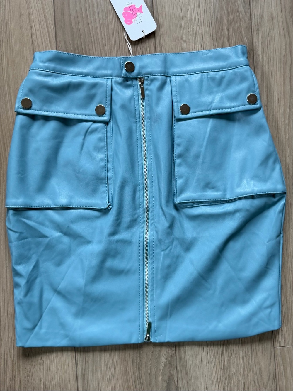 NWT L'Astiste By Amy Leather Look Lt Blue Double Zip Mini Skirt Sz M